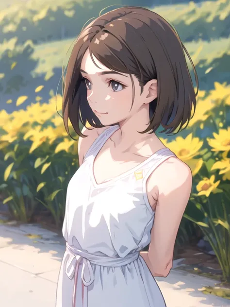 1girl, beautiful girl, frorm front, short brown hair, arms behind back,,