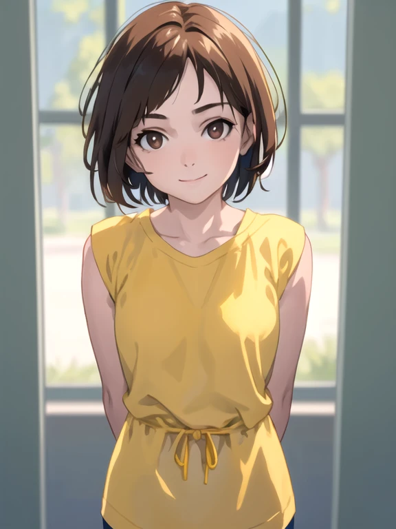 1girl, beautiful girl, frorm front, short brown hair, arms behind back,