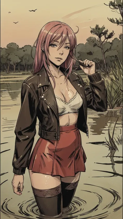 an anime woman with colored hair,leather jacket, skirt, stockings, drowning posing in the middle of bog, fetishistic, depraved, ...