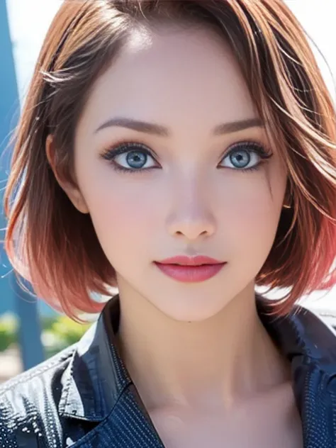 (best quality, 8k, photorealistic:1.5), (solo, one girl:1.5),(shine a bright light on women),(ultimate beautiful girl),(shiny skin),(oily skin),(pink hair:1.5),(short hairstyle:1.3),(cool beauty),Blush brown makeup , dark eye makeup , use pink glossy lipst...