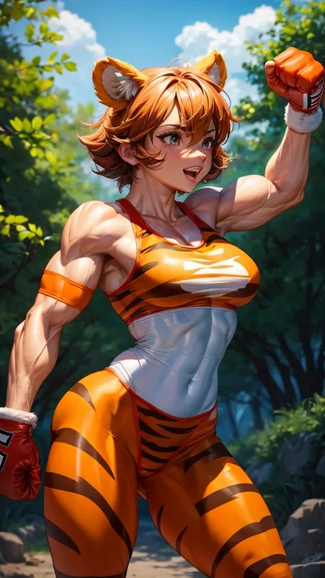 Furry woman, tigger body, boxing outfit, nature, muscular woman