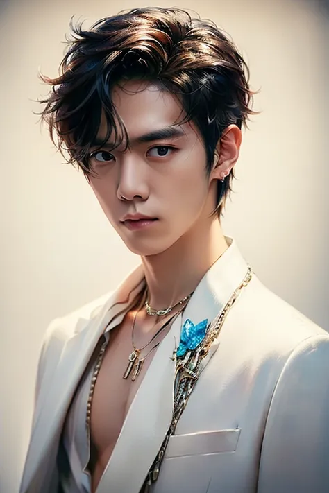 wearing a white suit、necklace around your neck、wear a white shirt over your shirt、man on white background