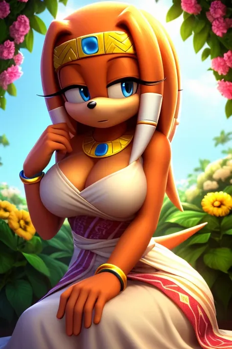 Masterpiece, high quality, studio quality, intricate details, 4k, 1girl, solo, Tikal the Echidna, dress, flower garden, eyes open, blue eyes, big breasts