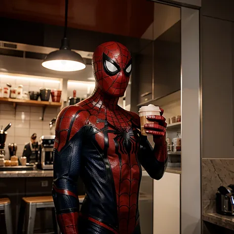 Spiderman having a coffee 