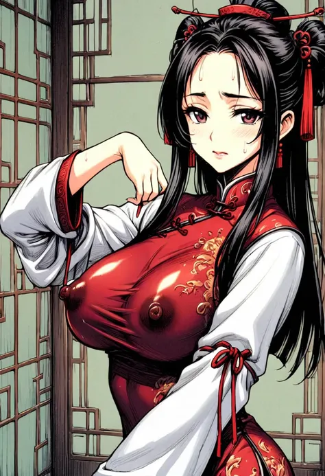 ancient China　A super beautiful princess wearing a super shiny long-sleeved red embroidered Chinese dress and drenched in sweat　Nipples sticking out from under clothes