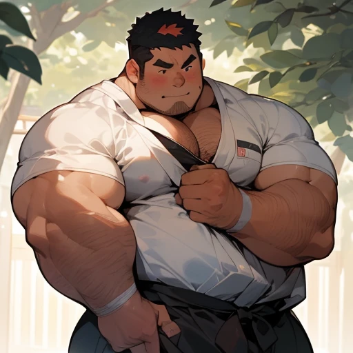 ​masterpiece,top-quality, 8k, nsfw, Japanese nursery school, A fat man stand at park, bodybuilder, nerdy, short legs, Bowleg, Bare legs, Shirtless, Shy, bara, huge pecs, chubby, thick arm, Blackhair man, Man with big face, Round face