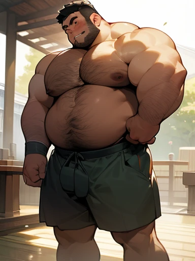 ​masterpiece,top-quality, 8k, nsfw, Japanese, A fat man stand at park, bodybuilder, nerdy, short legs, Bowleg, Bare legs, Shirtless, Shy, bara, huge pecs, chubby, thick arm, Blackhair man, Man with big face, Round face