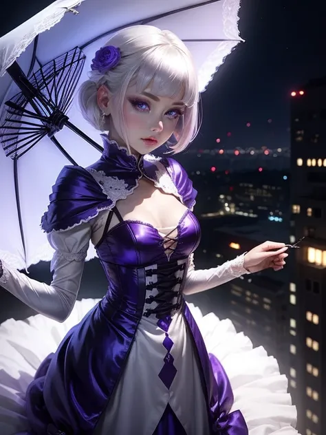 One Woman、Purple Dress、White Hair、blue eyes、Captivating eyes、Night view