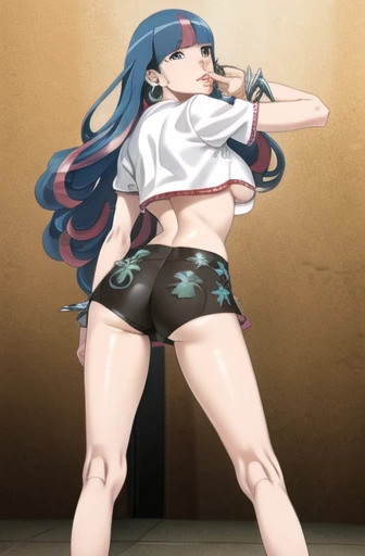 ((best quality)), ((highly detailed)), ((official art)), detailed face, (detailed eyes:1.3, deep eyes), (eida), long hair, bangs, blue eyes, very long hair, blue hair, pink hair, multicolored hair, earrings,  blunt bangs,  two-tone hair, streaked hair, sed...