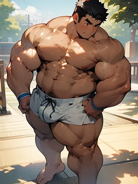 ​masterpiece,top-quality, 8k, nsfw, Japanese, cute, 15 years old, handsome, fully body, A beefy man stand at park, bodybuilder, thick body, nerdy, short legs, Bowleg, Bare legs, bare foot, Shirtless, Shy, bara, huge pecs, chubby, thick arm, Black hair, Rou...