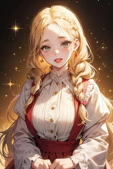 She  with long straight thin golden-blonde hair done in upturned braids and fair skin. Her hair is styled into a two braided pigtails hairstyle. She has rosy cheeks, black freckles on her cheeks, red lips, and a missing tooth. SPARKLE; GLITTER