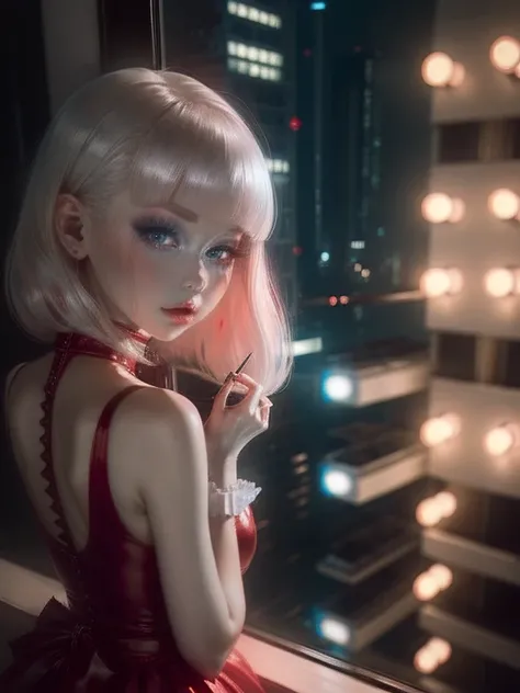 One Woman、Red dress、White Hair、((blue eyes))、Captivating eyes、Night view