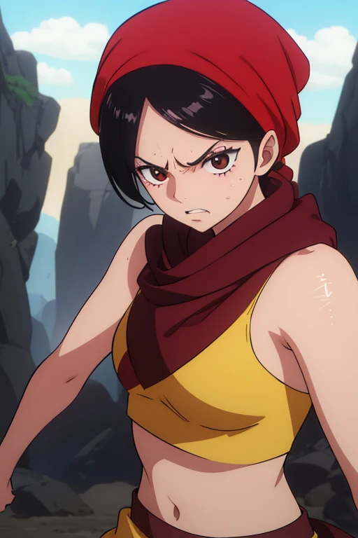 (best quality,4k,8k,highres,masterpiece:1.2), ultra-detailed, animated, girl, black hair, brown eyes, black hair, short hair, Fighting scene, determined, punch, angry face, red face, durag, martial at