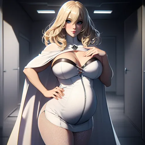  Very pregnant Emma Frost, tight white top, tight fishnet leggings, white cape, blonde hair, sexy pose, medium breasts, tight waist, cleavage covered by fishnets, hair over one eye, shy