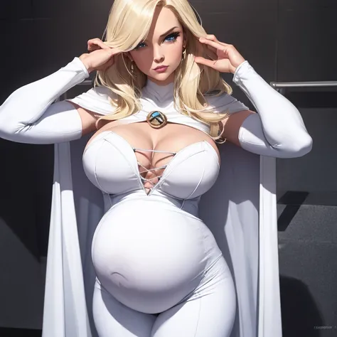  Very pregnant Emma Frost, tight white top, tight fishnet leggings, white cape, blonde hair, sexy pose, medium breasts, tight waist, cleavage covered by fishnets, hair over one eye, shy