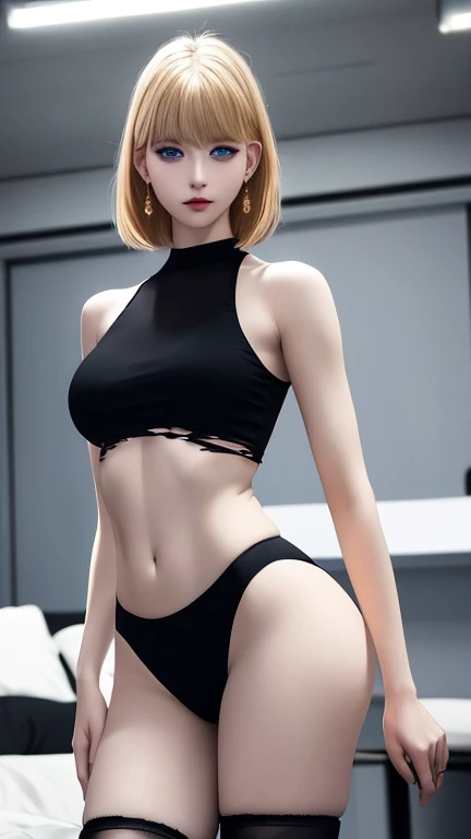 Ultra realistic, real girl, 16K, best quality, High resolution, hot atmosphere, dream atmosphere, 1 girl, 18 years old, short golden hair, cute bangs over the forehead, blue eyes, sexy eyes look, pale white skin, wearing alternative black outfit, earrings,...