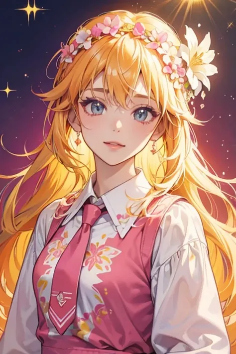 Sunshine is a light orange  with blonde hair. She wears a magenta tie-dye shirt with a white flower on it and a pink flower crown. SPARKLE; GLITTER