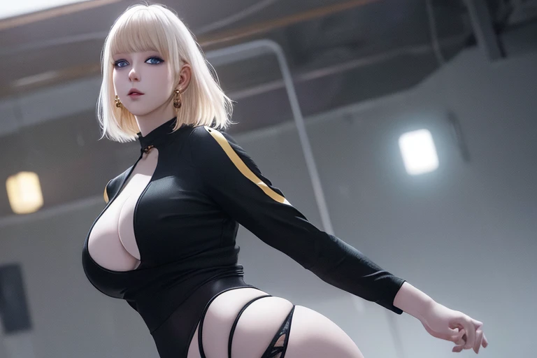 Ultra realistic, real girl, 16K, best quality, High resolution, hot atmosphere, dream atmosphere, 1 girl, 18 years old, short golden hair, cute bangs over the forehead, blue eyes, sexy eyes look, pale white skin, wearing alternative black outfit, earrings,...