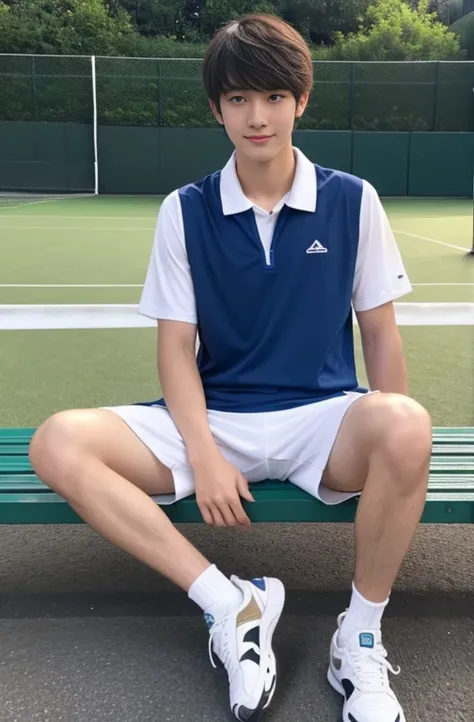 Beautiful boy、Tennis court、Cute Boys、20-year-old、japanese boy、Sit on a bench、Spread your legs、Tennis Wear