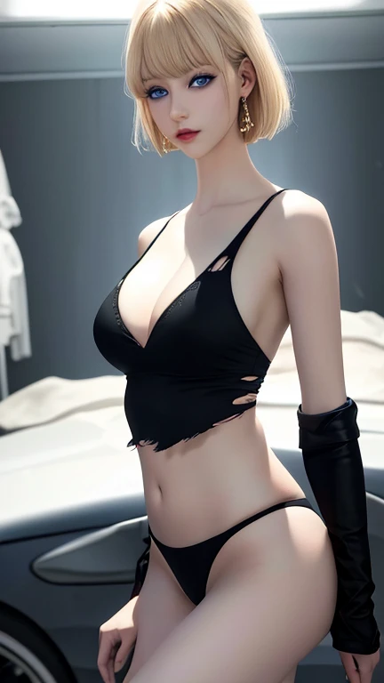 Ultra realistic, real girl, 16K, best quality, High resolution, hot atmosphere, dream atmosphere, 1 girl, 18 years old, short golden hair, cute bangs over the forehead, blue eyes, sexy eyes look, pale white skin, wearing a sexy black outfit, earrings, fit ...