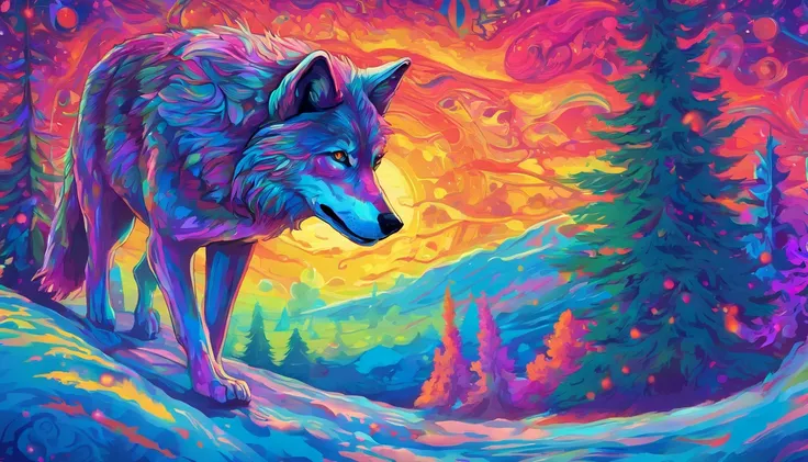 Highly detailed mystical image. A full view of majestic gray wolf in the middle of the scene walks in the snow at night. Vague pine trees in the distance. The wide sky is shades blue with the aurora borealis creating a undulating rainbow of light in the wi...