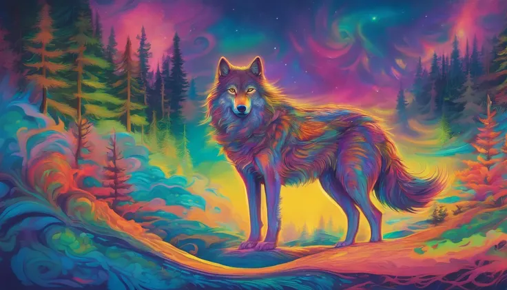 Highly detailed mystical image. A full view of majestic gray wolf in the middle of the scene walks in the snow at night. Vague pine trees in the distance. The wide sky is shades blue with the aurora borealis creating a undulating rainbow of light in the wi...