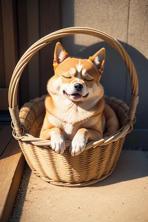 shiba inu sleeping in wicker basket, design art