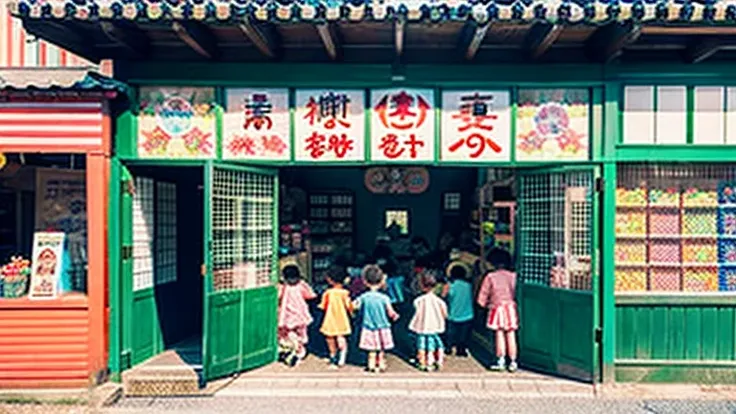 Children shopping at a candy store、Old Japanese tiled house、Scene of children playing、A crowd of children playing in front of a candy store、Children&#39;s smiling faces、Children&#39;s smiling faces、Children&#39;s smiling faces、Grandma poster girl of a cand...