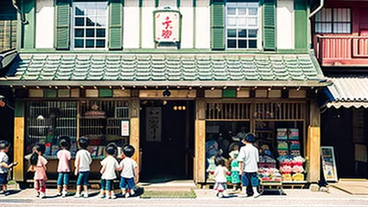 Children shopping at a candy store、Old Japanese tiled house、Scene of children playing、A crowd of children playing in front of a candy store、Children&#39;s smiling faces、Children&#39;s smiling faces、Children&#39;s smiling faces、Grandma poster girl of a cand...