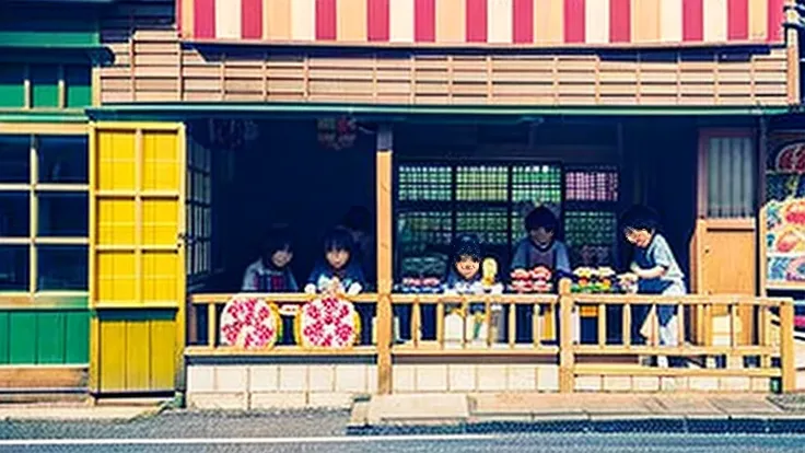 Children shopping at a candy store、Old Japanese tiled house、Scene of children playing、A crowd of children playing in front of a candy store、Children&#39;s smiling faces、Children&#39;s smiling faces、Children&#39;s smiling faces、Grandma poster girl of a cand...