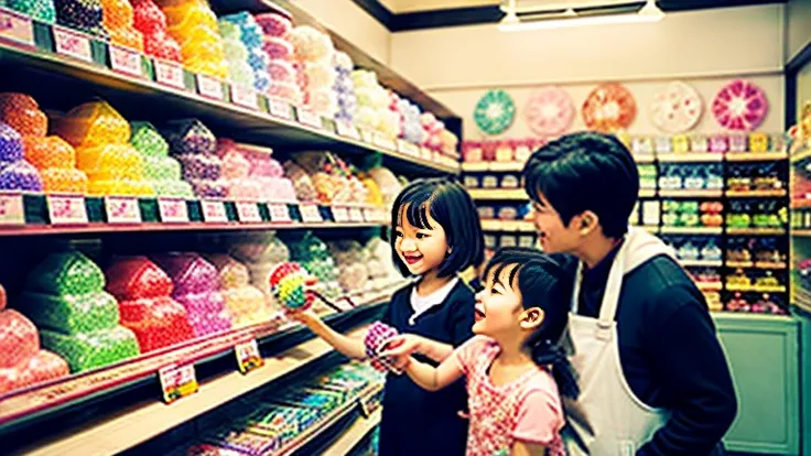 Showa candy shop、Japan candy shop、Sweets and snacks in the store、There are lots of things to play with and play equipment、kite、top、Menco、Marble。Playing、Surprise Ball、pistol、firework、balloon、Beigoma、Model、ミニカなどが並んでいるShowa candy shop、Children and an old woma...