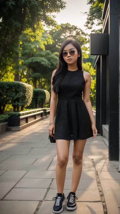 Picture taken with Sony A7RIV, realistic, 8K, Hi-Res picture, masterpiece, perfect shoot, detailed complicated background, Gorgeous twenty years old Indonesian girl, dark hair, natural body, wearing black mini dress paired with black sneakers, sun glasses,...