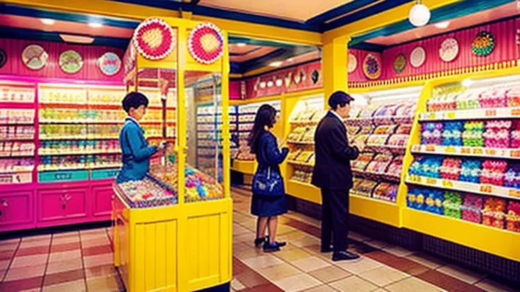 Showa candy shop、Japan candy shop、Sweets and snacks in the store、There are lots of things to play with and play equipment、kite、top、Menco、Marble。Playing、Surprise Ball、pistol、firework、balloon、Beigoma、Model、ミニカなどが並んでいるShowa candy shop、Children shopping at a c...