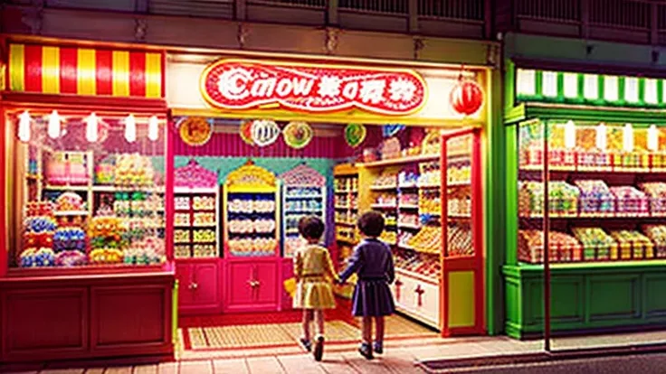 Showa candy shop、Japan candy shop、Sweets and snacks in the store、There are lots of things to play with and play equipment、kite、top、Menco、Marble。Playing、Surprise Ball、pistol、firework、balloon、Beigoma、Model、ミニカなどが並んでいるShowa candy shop、Children shopping at a c...