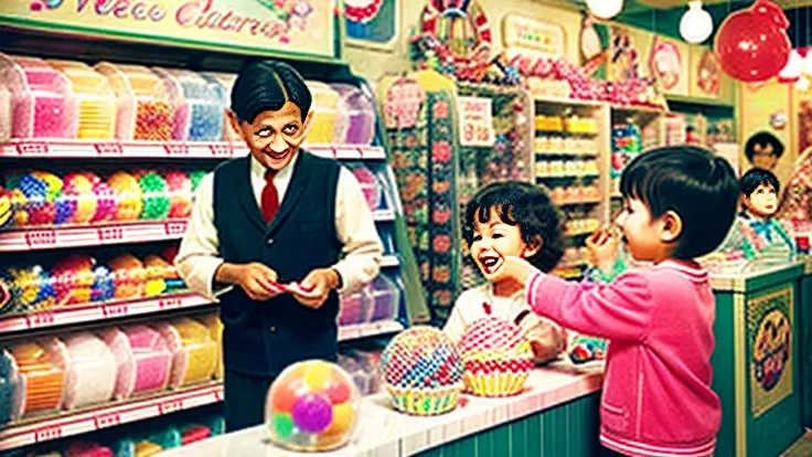 Showa candy shop、Japan candy shop、Sweets and snacks in the store、There are lots of things to play with and play equipment、kite、top、Menco、Marble。Playing、Surprise Ball、pistol、firework、balloon、Beigoma、Model、ミニカなどが並んでいるShowa candy shop、Children and an old woma...