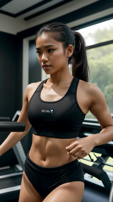 Picture taken with Sony A7RIV, realistic, 8K, Hi-Res picture, masterpiece, perfect shoot, detailed complicated background, Gorgeous twenty years old Indonesian girl, dark hair, ponytail, natural body, wearing black sports bra paired with black sport shorts...