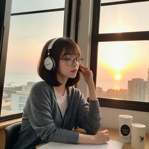 A girl with short hair and glasses is sleeping at her desk listening to music on headphones。The sunset can be seen from the window and there is a mug on the desk.。Create an emotional anime illustration of a beautiful girl with a cat walking nearby