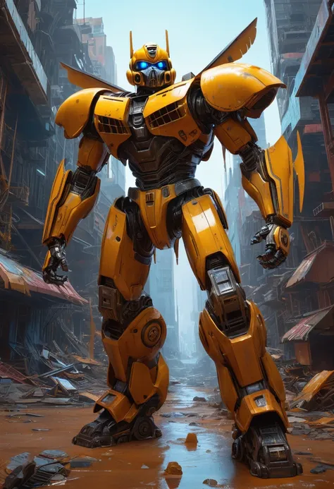 Transformer Bumblebee in Sandy Alien Orange with hxy on Storm Guusand, Patikul, Debris, Bizarre, Oil Painting, Beautiful Masterpiece with Rich Deep Colors, Sharp Focus, Ultra Detail, Styled by Dan Mumford and Mark Simonetti, Astrophotography
 paticul, debr...