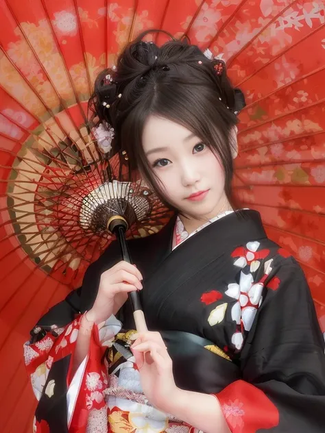 Realistic photo quality、２４歳のJapanese womenがkimono着て紫の傘を持っている、,The shadow of the flower is reflected on the umbrella、 in kimono, japanese kimono, Photographic portrait of a geisha, kimono, Japanese style, Traditional Japanese, Japanese Geisha, Japanese wome...