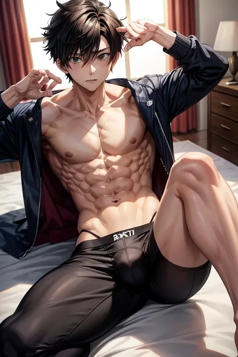 Anime boys abs wearing briefs and showing pubes