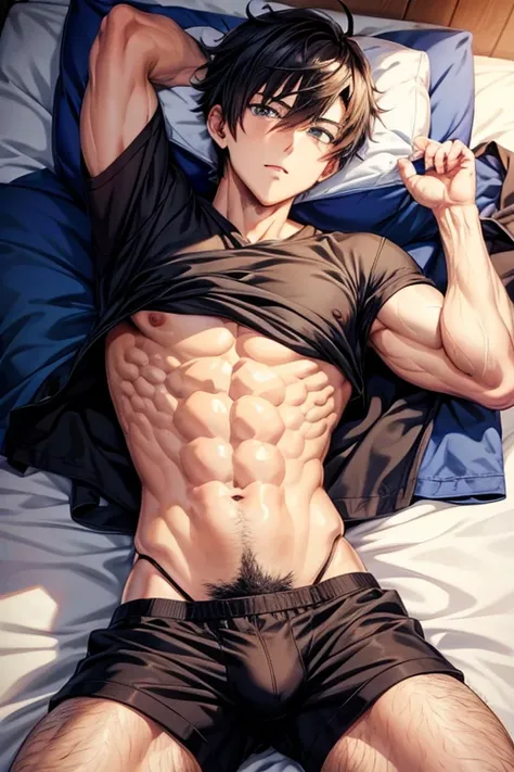 Anime boys abs wearing briefs and showing hairy belly button