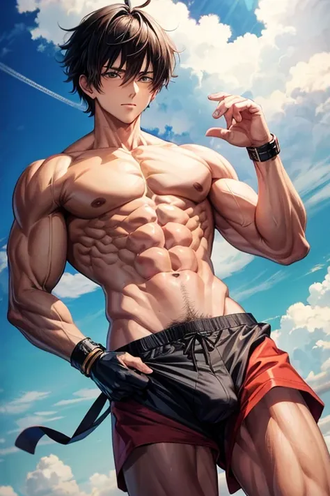 Anime boys abs wearing briefs and showing hairy belly button