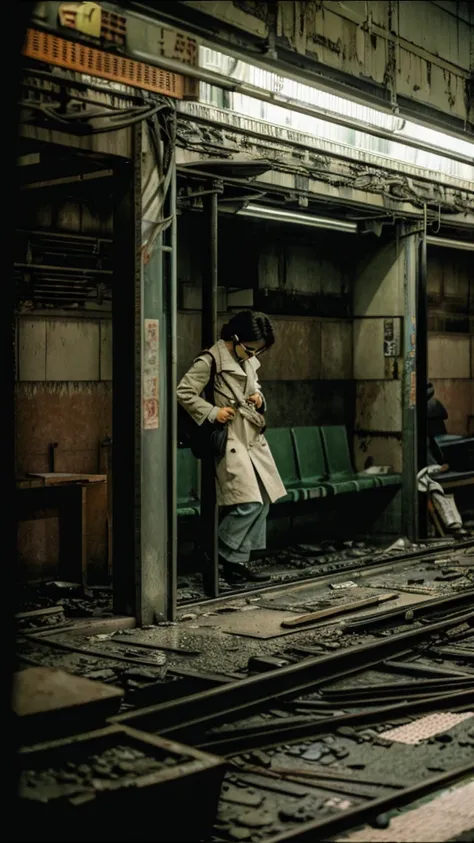 subway,Showa,Collapse,Devastation,Inside the ruins,Glasses,Women,adventure,Black and White,