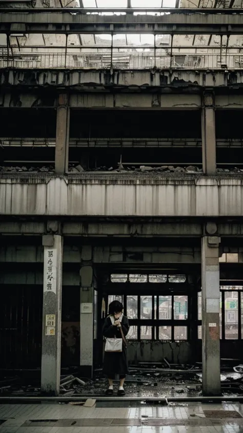 subway,Showa,Collapse,Devastation,Inside the ruins,Glasses,Women,adventure,Black and White,