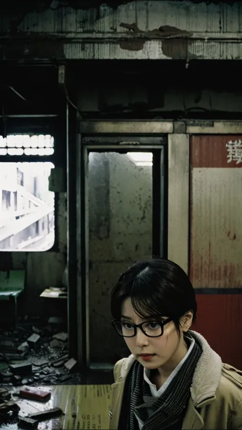 subway,Showa,Collapse,Devastation,Inside the ruins,Glasses,Women,adventure,Black and White,