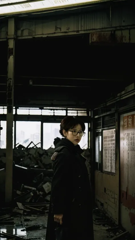 subway,Showa,Collapse,Devastation,Inside the ruins,Glasses,Women,adventure,Black and White,