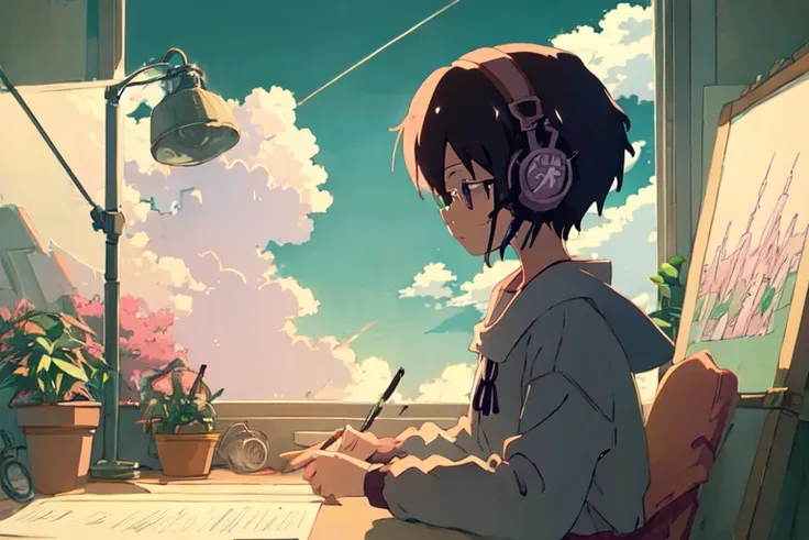 (((one girl))), anime style, (dream-like), (soft focus), cozy room setting, girl with glasses wearing headphones, [(lofi beat:1....