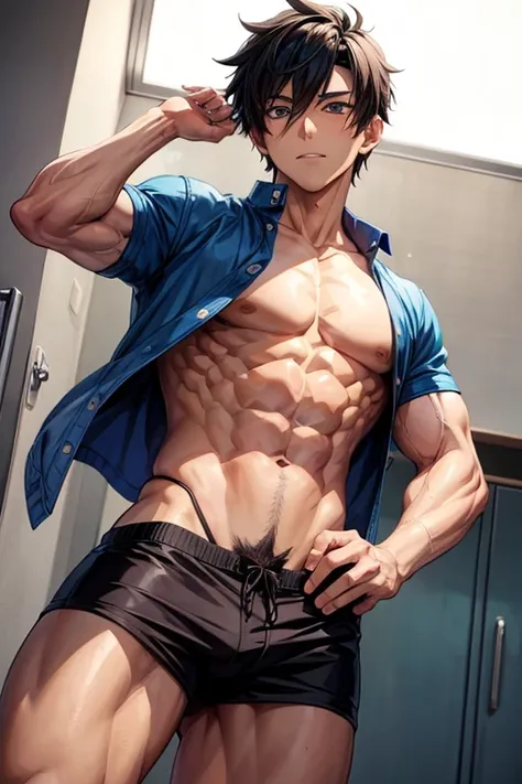 Anime boys abs wearing briefs and showing hairy belly button