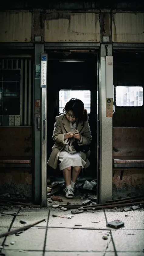 subway,Showa,Collapse,Devastation,Inside the ruins,Glasses,Women,adventure,Black and White,