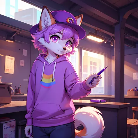  Purple FLUFFY Fox, Bright rainbow eyes, light purple sweatshirt, fluffy tail, Short hair, with a hat, holding a pen